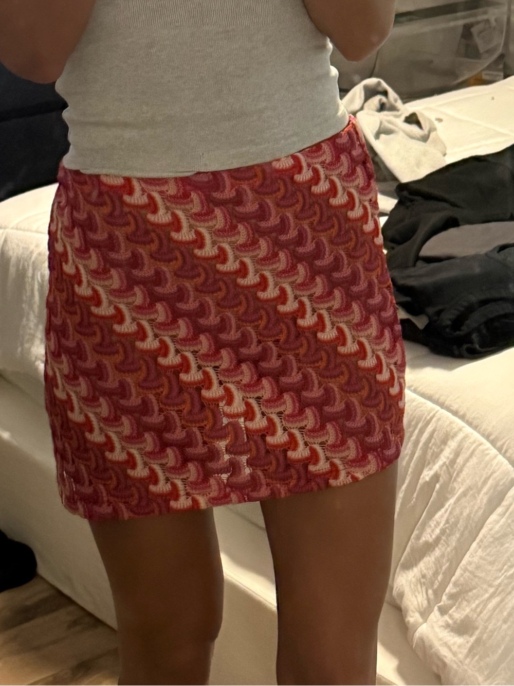 Red Patterned Mini Skirt